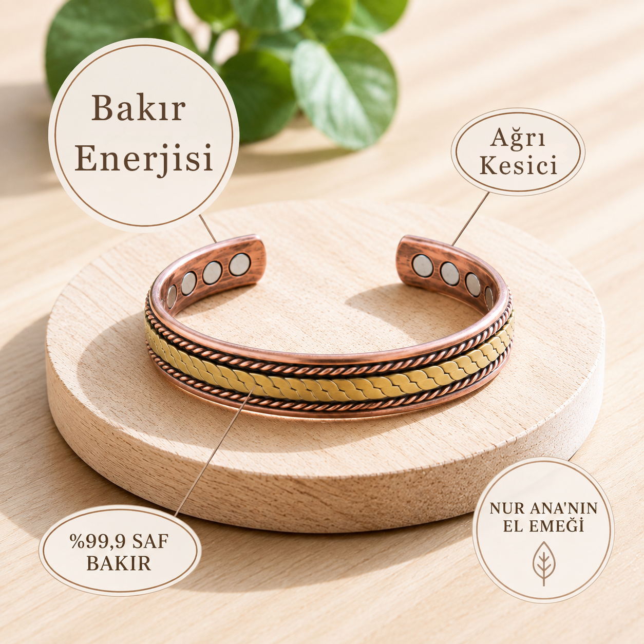 Nur Ana Şifa Saf Bakır Bileklik