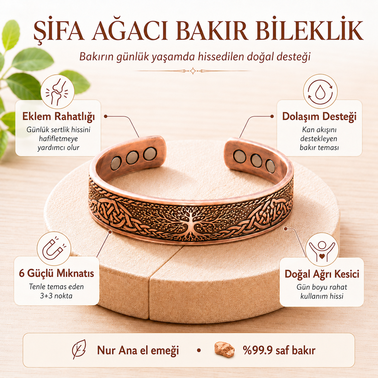 Nur Ana Şifa Ağacı Bakır Bileklik